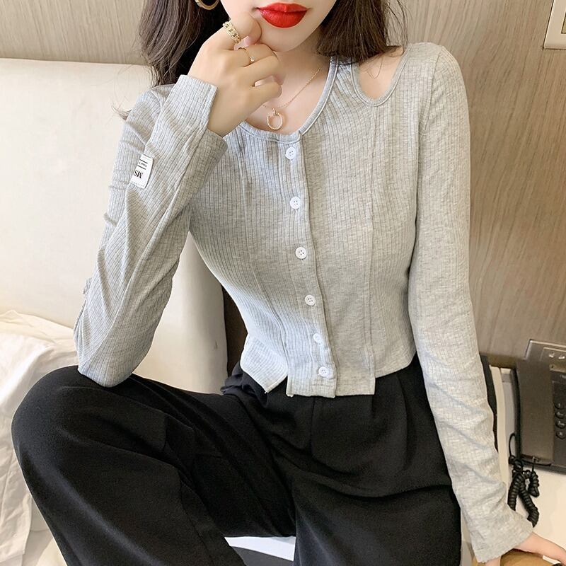 オータムショートセーター Tシャツ トップス レディース ロング 秋物 オフショルダー ハンチェンe88894893045