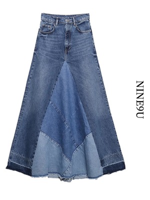 patchwork flare denim long-skirt【NINE6511】