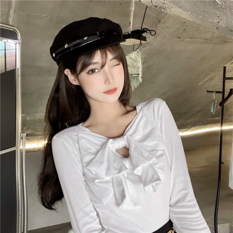 Tシャツ シャツ スプリングサマーショートホワイトトップス ロング リボン 春物 夏物 ブラックストロベリース13340714008