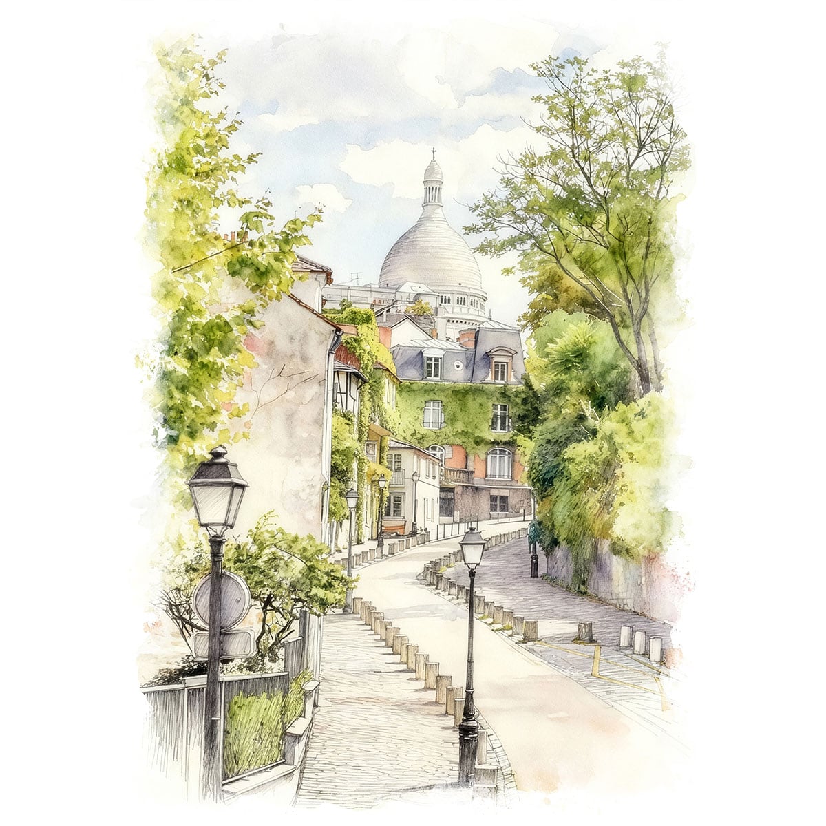 絵画 フランス パリ 風景画(街並み) モンマルトルの丘 サクレ・クール寺院 インテリアアート額付き 水彩画・油絵調 WAT0228