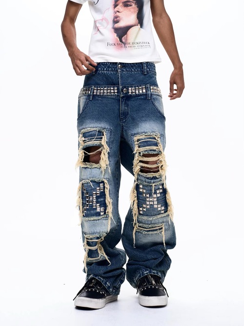 【Fourth3ex】Double Waist Distressed Denim Pants