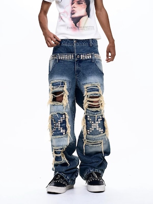 【Fourth3ex】Double Waist Distressed Denim Pants