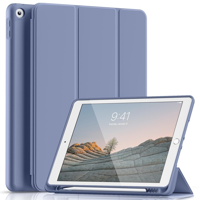 Lsmmpoba iPad 9/8/7 (10.2インチ 2021/2020/2019) ケース ペンシルホルダー付き 三つ折りスタンド オートスリープ/ウェイク対応 iPad 9世代 ケース ブルーグレー