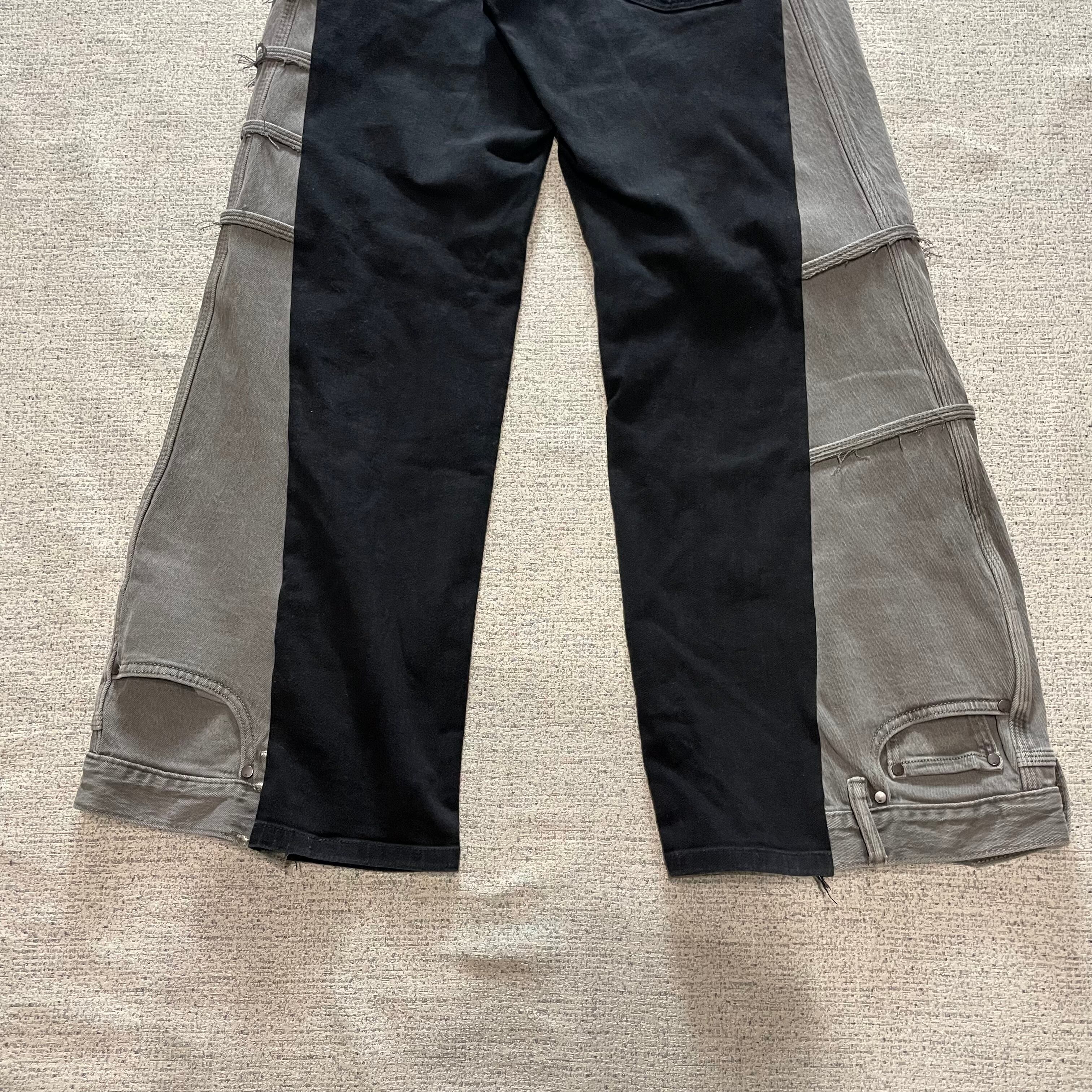 再構築デニム ブラック×グレー フレアパンツ ワイド Y2K グランジ 