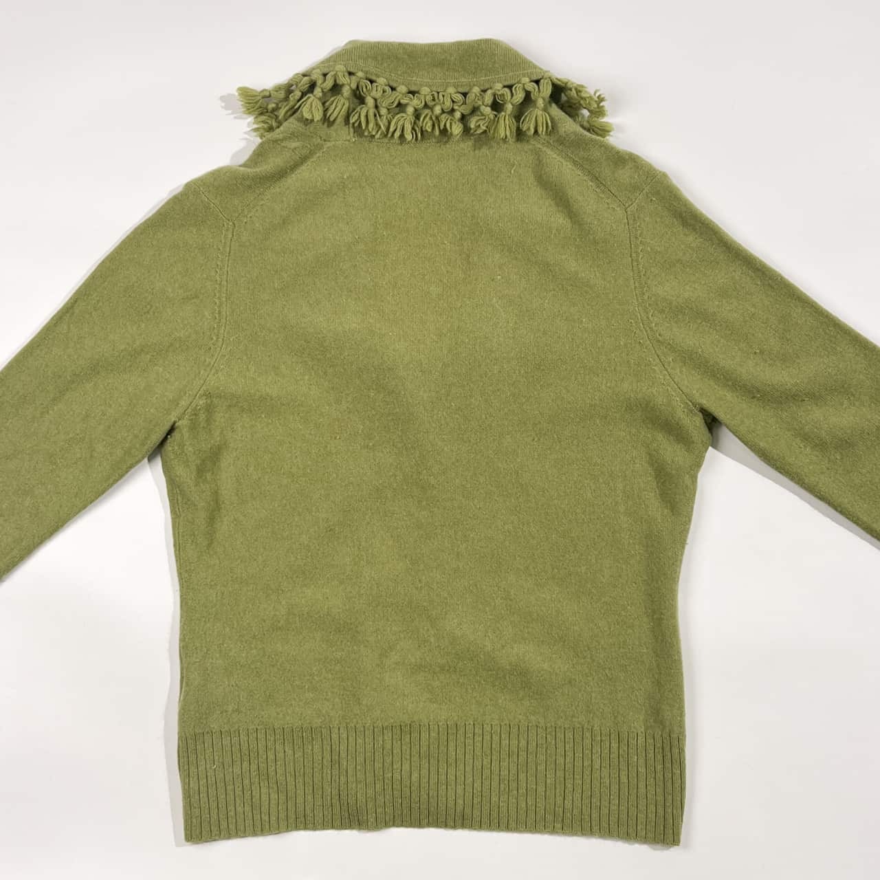 カシミヤ100% HANAE MORI ハナエモリ Vネック フリンジ デザイン ニット カーディガン M/グリーン レディース