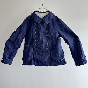 Early 20th Century Antique Hand Woven Indigo Dyed Pure French Linen Fabric Made Double Breasted Work Jacket