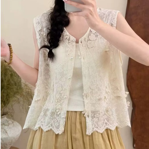 2色/花柄刺繍レース前開きノースリーブベスト ・11929