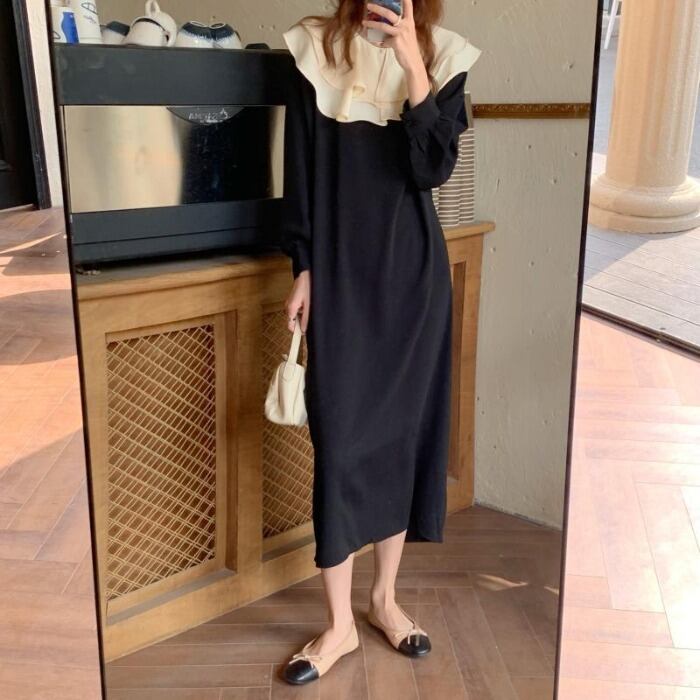 スタンダードブラックドレス ロングスカート スプリング薄手Aライン レトロ 春物 モンロー41604424245