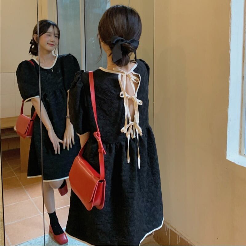 バックレースリボンルーズAラインスカート スタイルスリーブドレス 大人ガーリー スウィート キュート カジュアル ハンチェンe529820120