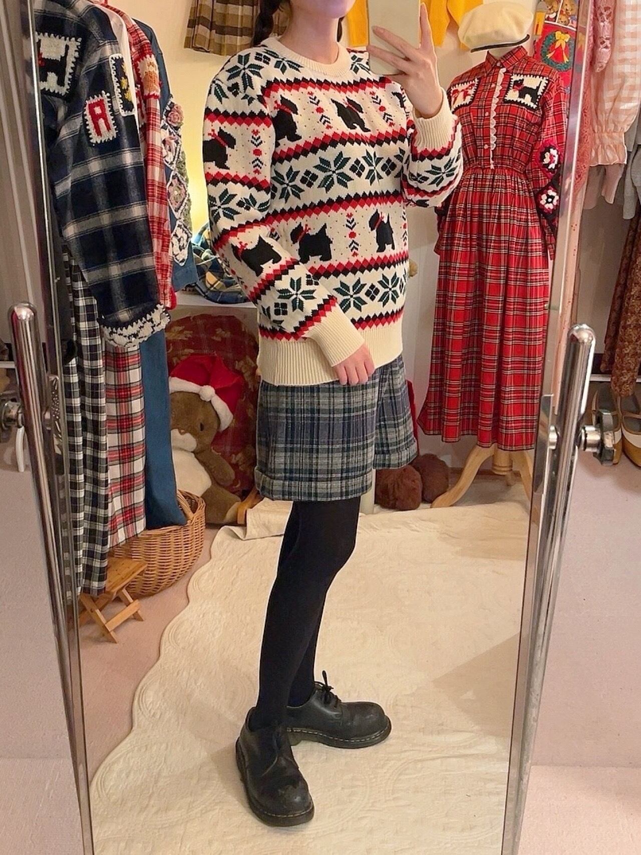 gold button blue check pants