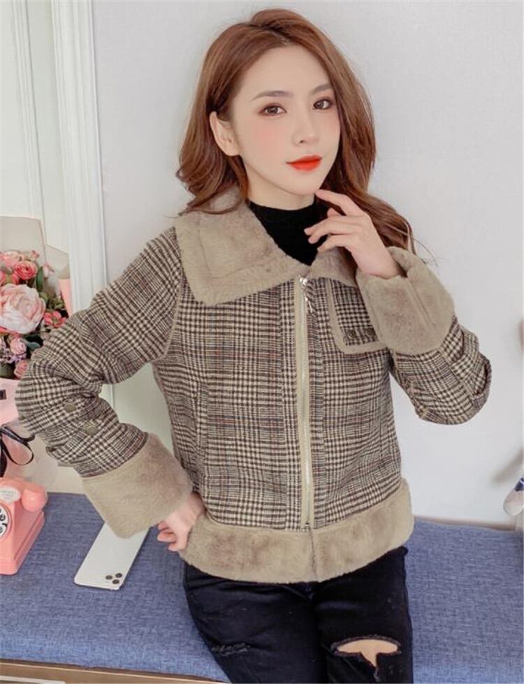 ジッパー 大きな毛皮の襟 厚み付け 格子縞 コート縫付 千鳥格子 チェスターコート短いスタイル