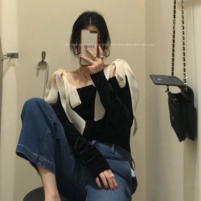 リボンストラップレストップス ベルベットソリッド カラーシャツ レディース ソリッドカラー ビッグFスモールZ韓国99698536394