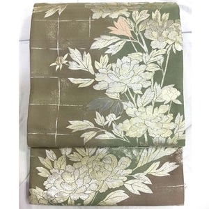 袋帯・牡丹・銀・緑系地・No.200701-1993・梱包サイズ60