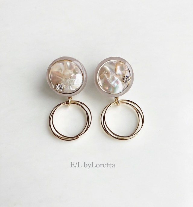 Mini circle shell triple hoop pierce/earring(Smoky Pink)