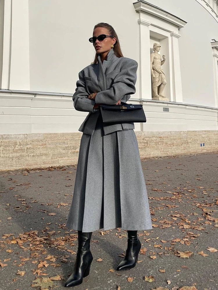 女性用ウールコートとスカートセット,オフィスウェア,隠しバックルブレザー,ハイウエストプリーツスカート,2ピースセット,秋冬