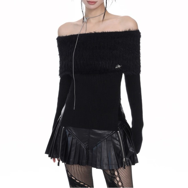 off-shoulder fuzzy knit top la2393