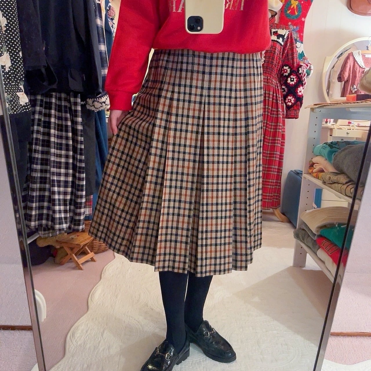 beige check tuck skirt