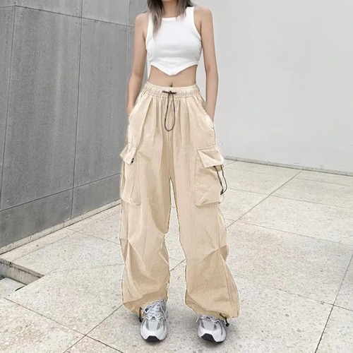 Y2kレディースヴィンテージカーゴパンツ、バギーワイドレッグスウェットパンツ、カジュアルドローストリングポケット、テックファッション、ストリートウェア y2k ボトムス  T240831222619_05