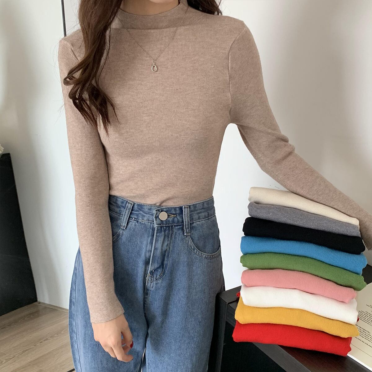 ニットセーター シャツ スタイルスリムブラック ロング ウィンター 冬物 1号婦人82304866535