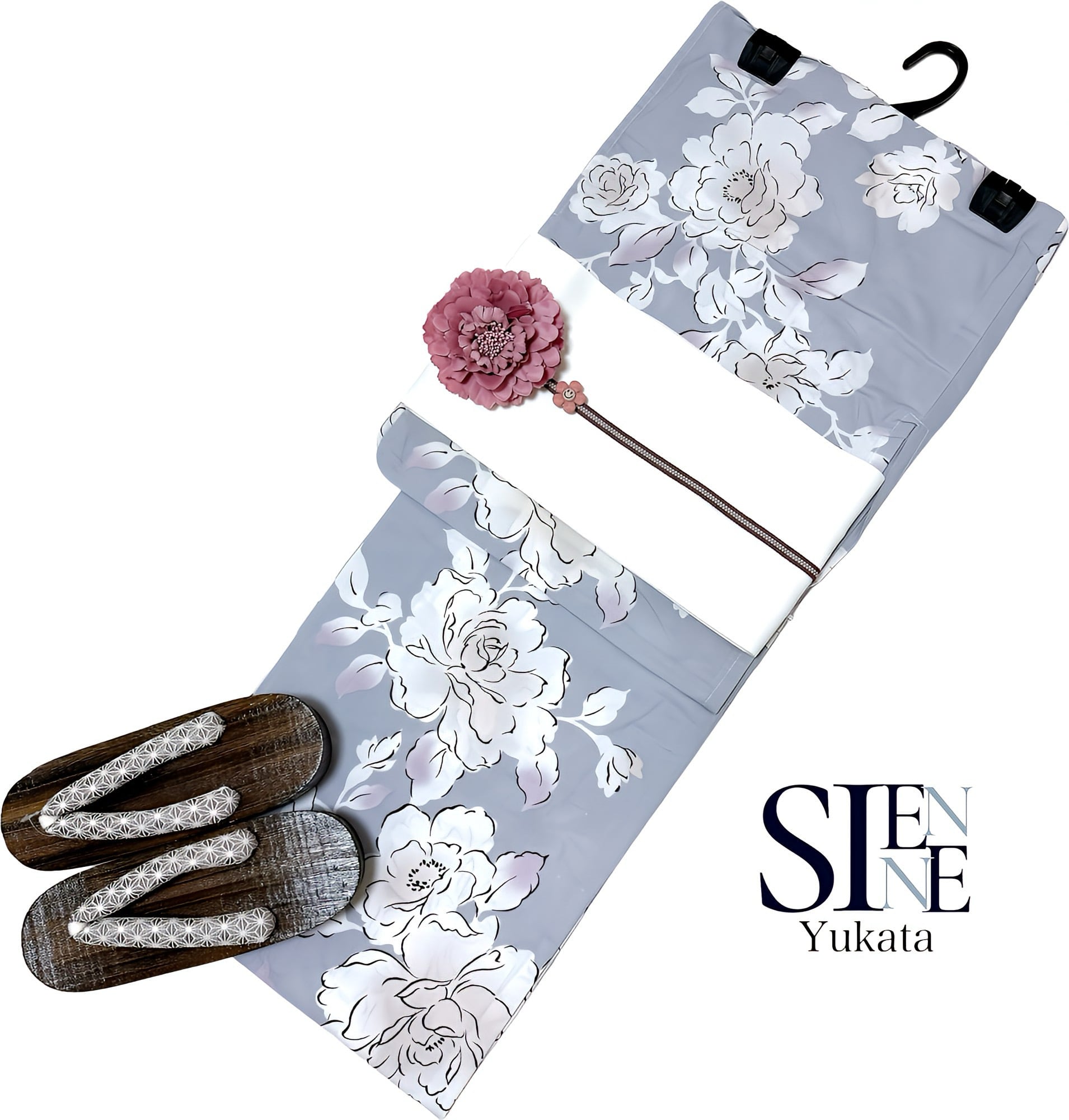 浴衣ジェンヌ 浴衣5点セット オフホワイト ピンク 花柄 浴衣セット 半幅帯