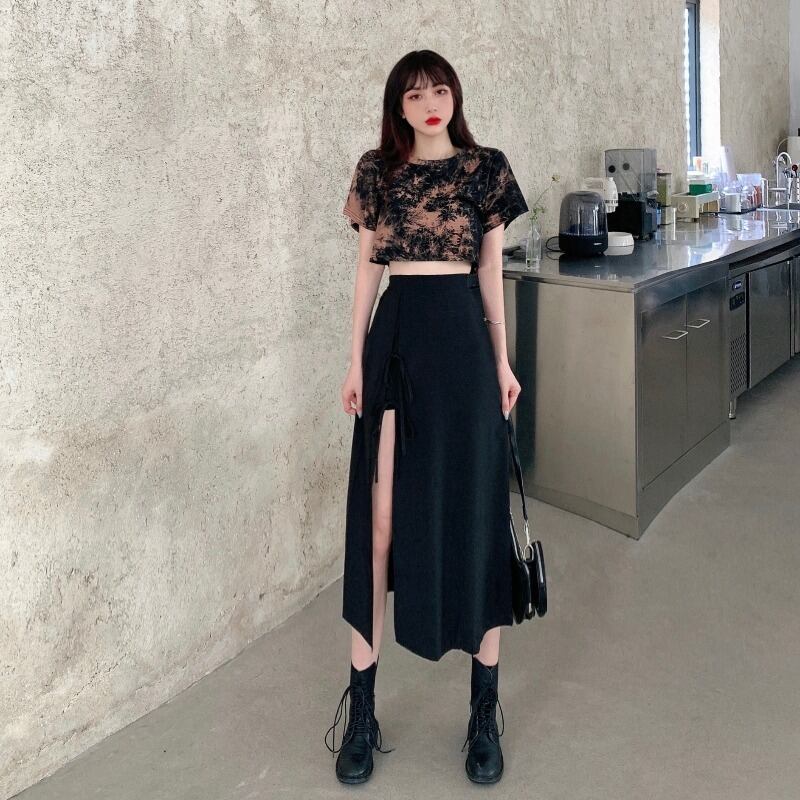 黒のハイウエストサイドスリットスカート女性の2020年夏の新しいミドル丈ドレープと細いaラインスカート ブラックストロベリース87282419043