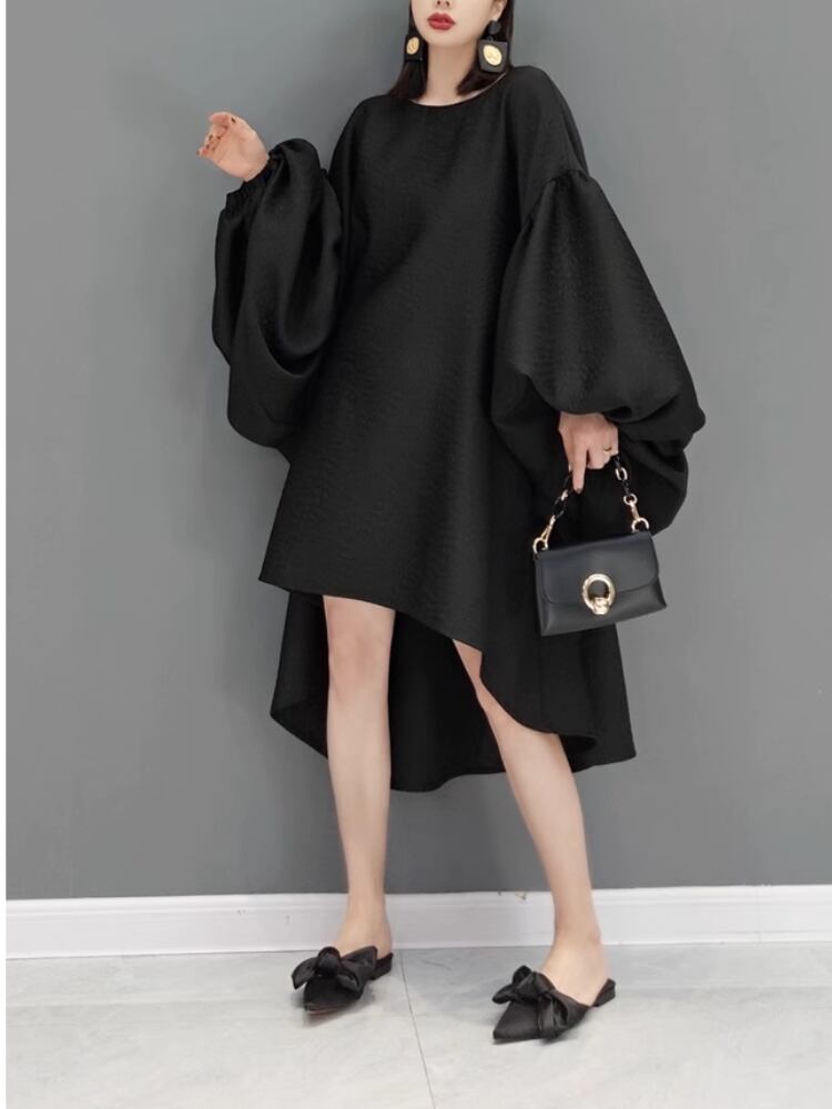 Volume sleeve fishtail black dress [T635] | Lilie