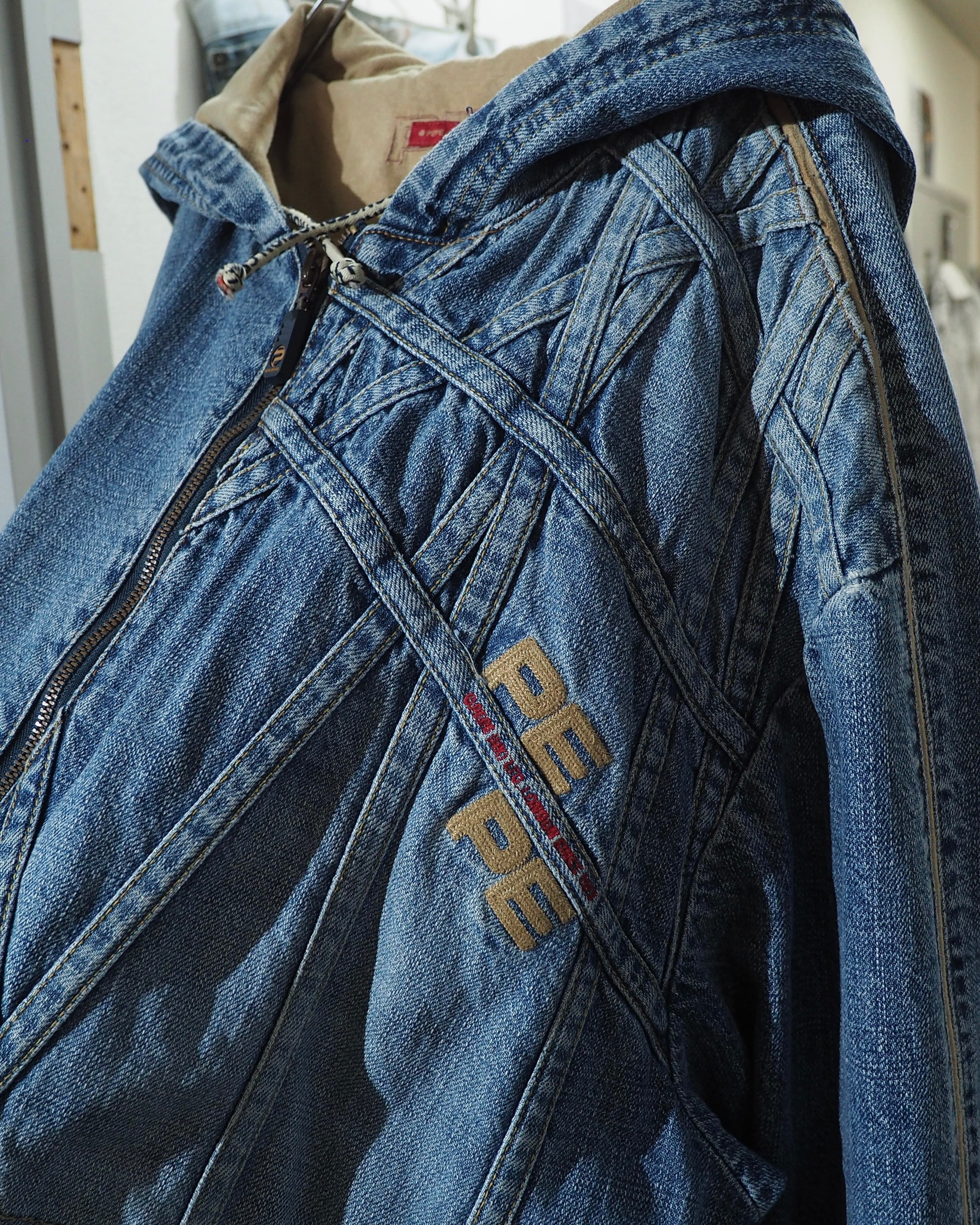 1990s ” Special - PEPE JEANS ” Crossed Lines × Logo Embroidery Vintage Loose Hoodie Denim Jacket