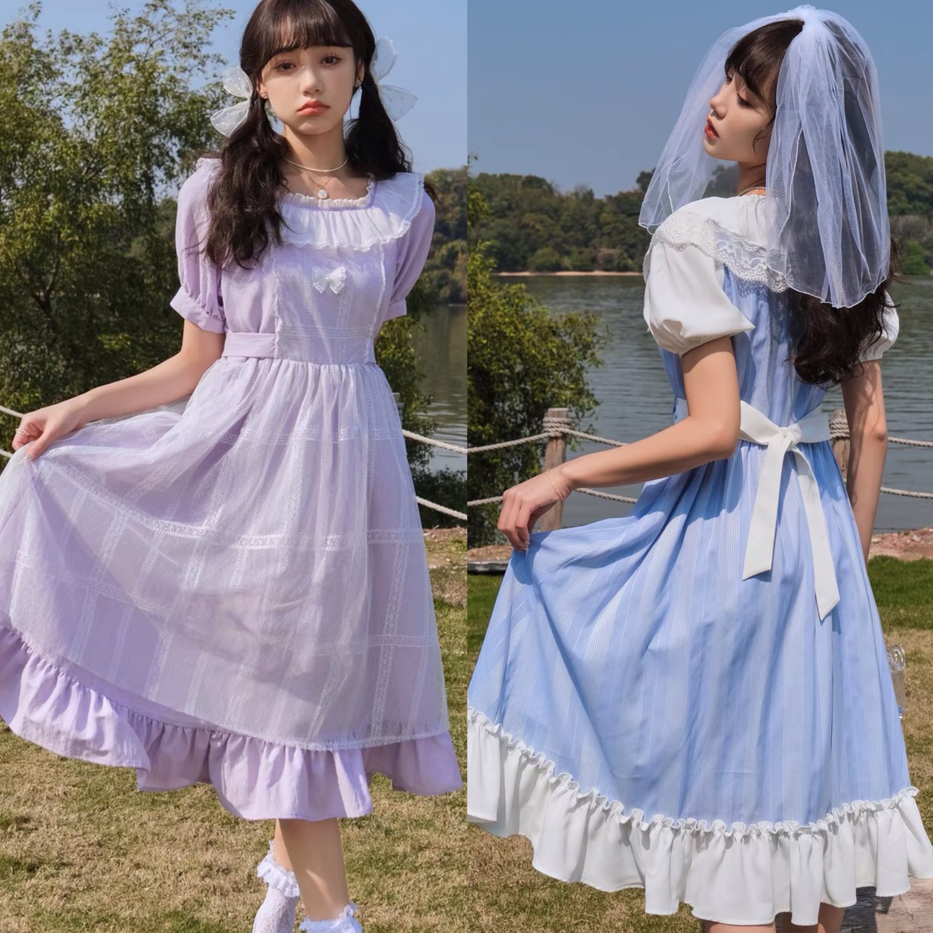 ワンピース 紫 パープル 水色 レース カメリア ワンピース 制服 ...