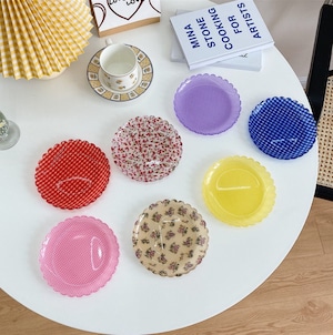 retro check flower plate 6colors / レトロ チェック フラワー プレート 皿 韓国雑貨