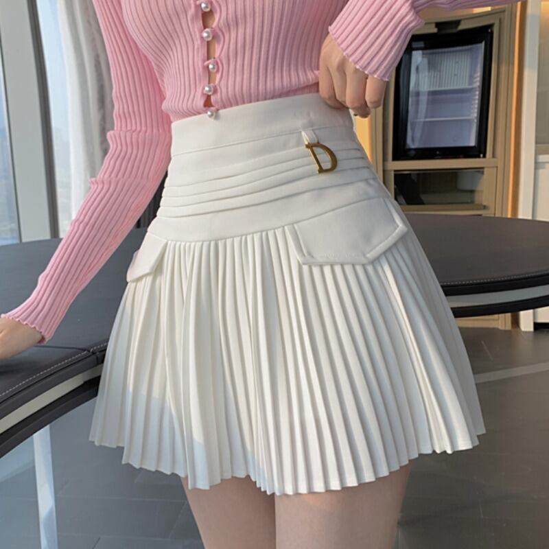 Aラインショートスカート ハイウェストウェスト薄手プリーツオータムホワイト 秋物 YY-ファッション76858140762