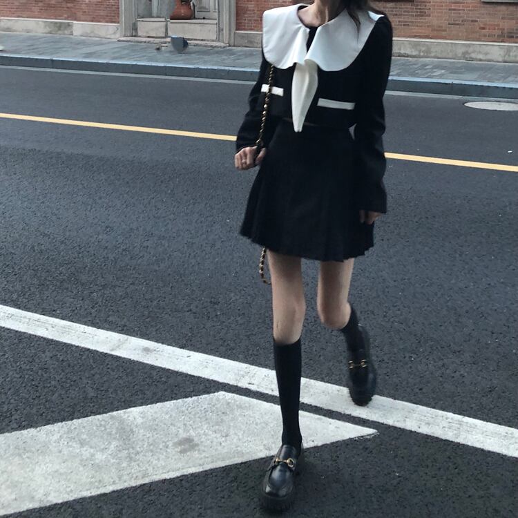 スタイルオータムネイビーカラーブラウス ブラックハイウェストウェストスカート 秋物 モンロー57491276798