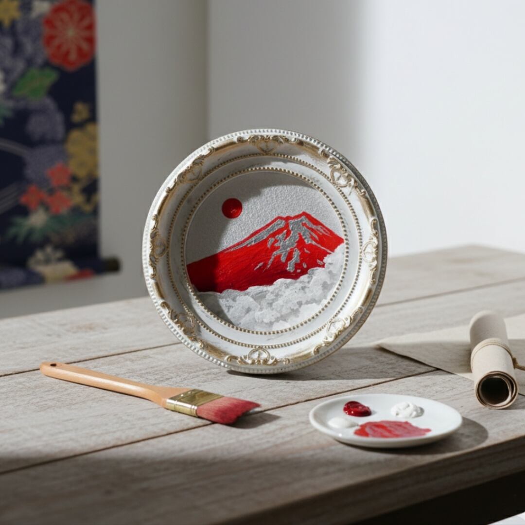 油彩画 円形ミニ絵画「赤富士」 銀の空と白い雲 HIROSHI1990