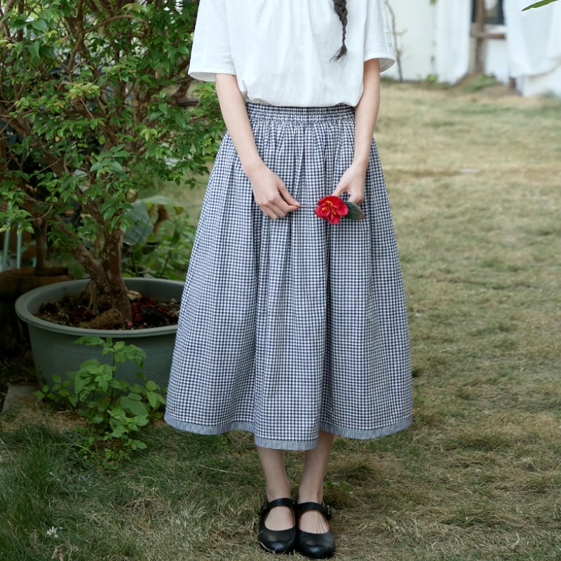 ギンガムチェック裾切り替えフレアスカート M2215