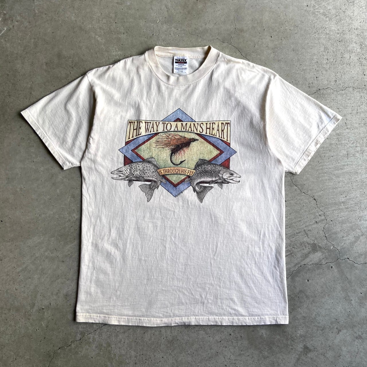 グッドプリント 90年代 フィッシングデザイン 魚 プリントTシャツ メンズXL 古着 90s ビンテージ ヴィンテージ 釣り ルアー サカナ 生成り  オフホワイト【Tシャツ】 | cave 古着屋【公式】古着通販サイト