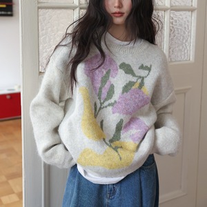 floral crew-neck oversized knit　J00375