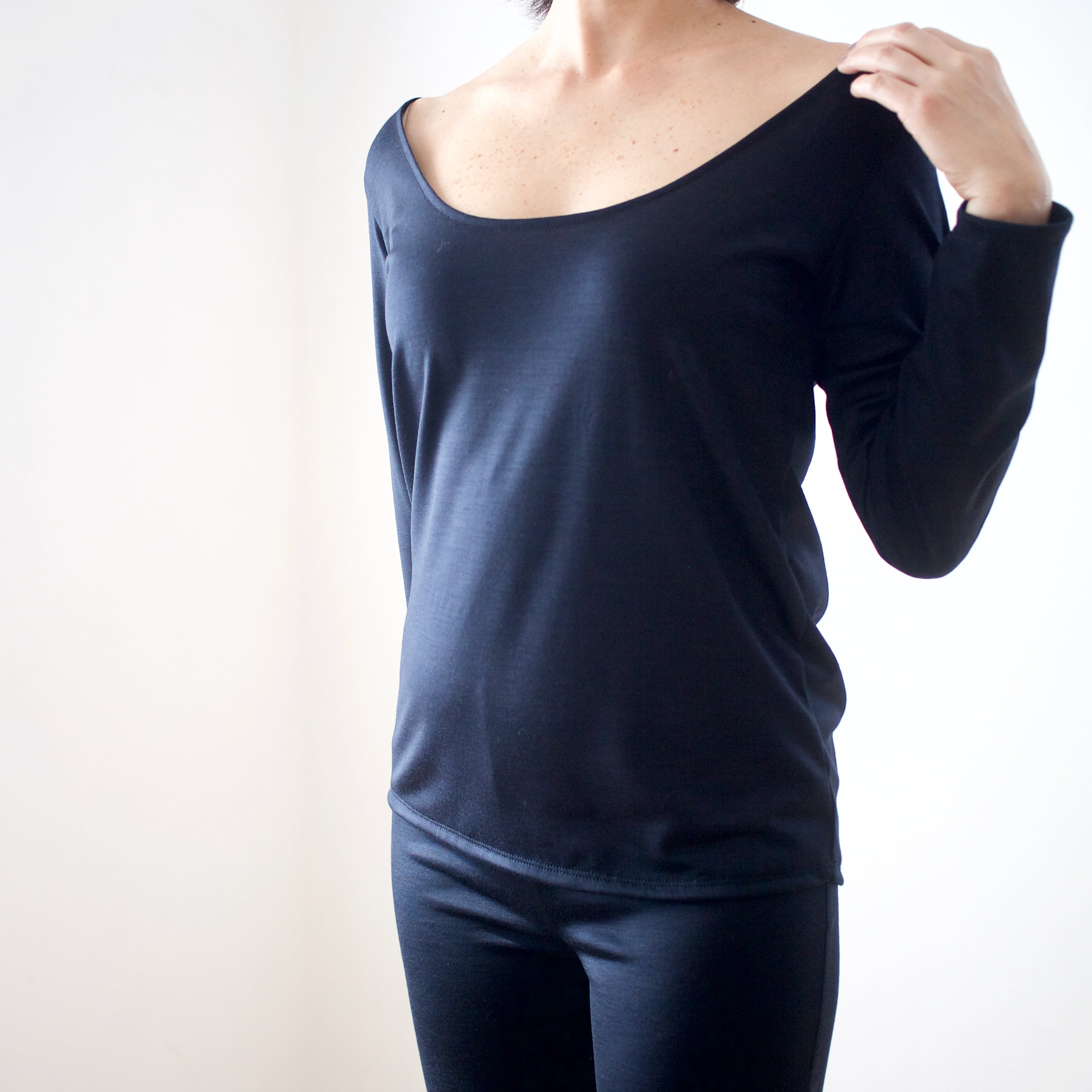 メリノウールインナー <オープンネックシャツ> ダークネイビー