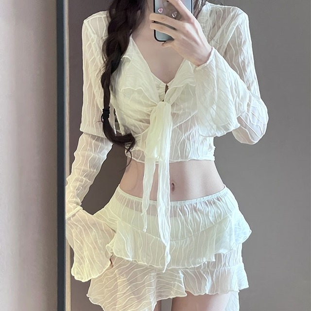 セットアップ水着 ビキニ 4点セット スカート ティアード 透け感 トップス カーディガン 幾何学模様 シフォン 透け感 ロングスリーブ フリル リボン アシンメトリー Vネック 送料無料 レディース 上下セット ブラウス 長袖 スカート 大人可愛い きれいめ 大人女子 エレガント 肌見せ デコルテ 無地 春 夏 ガーリー 10代 20代 30代 大人 学生 着回し ファッション デート コーディネート 重ね着 休日 メンズウケ シンプル スタイル ゆったり M L XL ホワイト ブラック ピンク