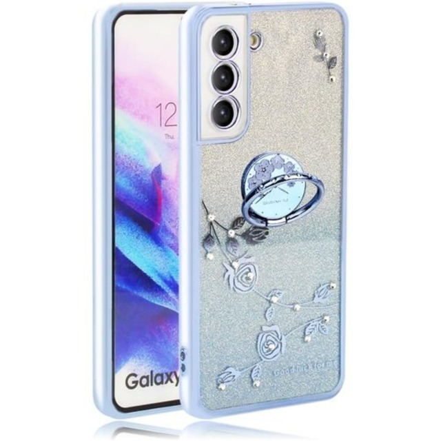 JOOBOY Galaxy S21 ケース リング付き SC-51B SCG09 カバー クリア キラキラ メッキ加工 花柄 ソフトケース TPU 薄型 おしゃれ かわいい 衝撃吸収 ブランド ギャラクシー s21 ケース 携帯カバー ブルー Galaxy S21 47