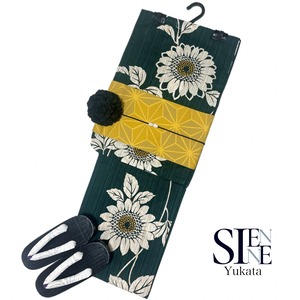 浴衣ジェンヌ 浴衣5点セット 向日葵  綿 ゆかた 半幅帯 浴衣 濃緑 グリーン ひまわり