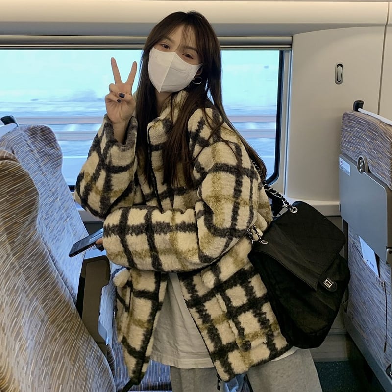 ウール格子柄ジャケット オータムウィンタースタンダードスタイルトップス コットン レトロ ストリート 秋物 冬物 試着室96515687306