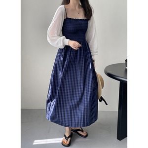 Shirring Blue Check Camisole Onepiece