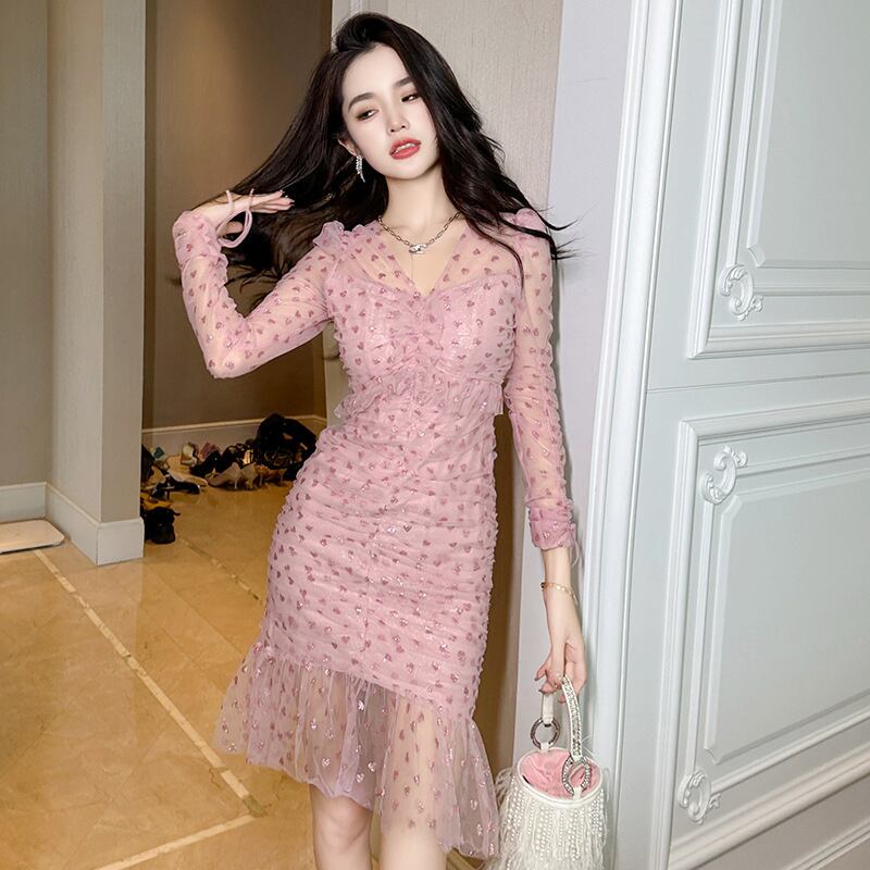 【手作り】ミニドレス 高品質 レース フリーVネック 気質 ハート柄 宴会 XH2-JY9603