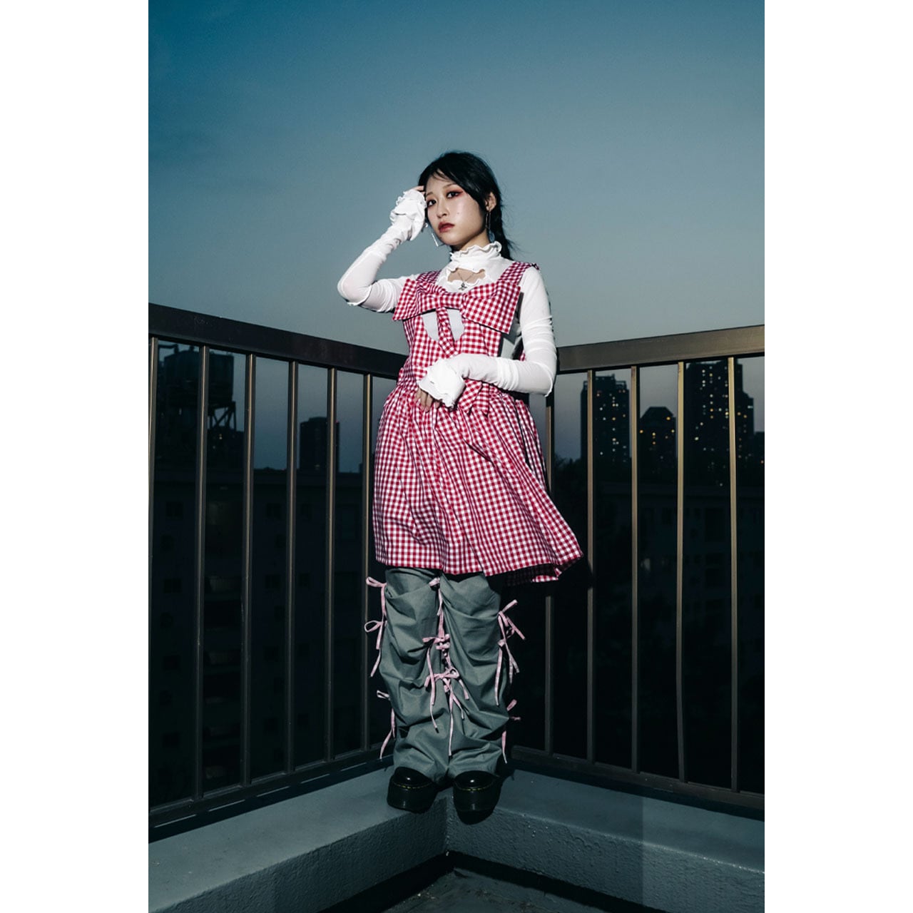 Front ribbon sleeveless onepiece (Gingham / Long丈) | roopage 公式