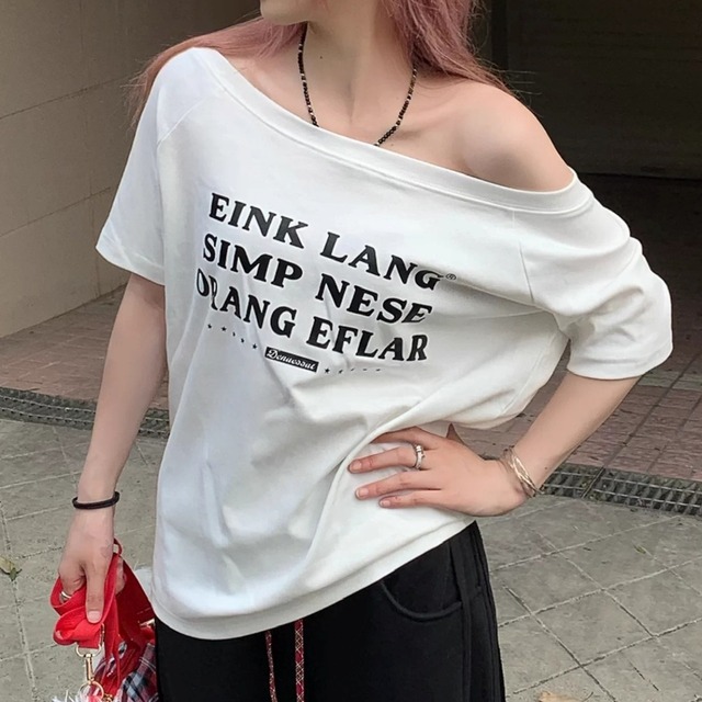 グラフィックプリントオフショルダーTシャツ 2col   R01942