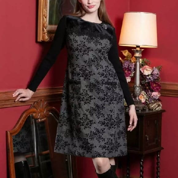 スーパービューティー ワンピース フロッキー ベロア 切替 2426022 グレー 2024年秋冬 オーラボー Super Beauty 大人かわいい服 大人スタイル キレイメ レディース アパレル 女性 M L LL 30代 40代 50代 60代