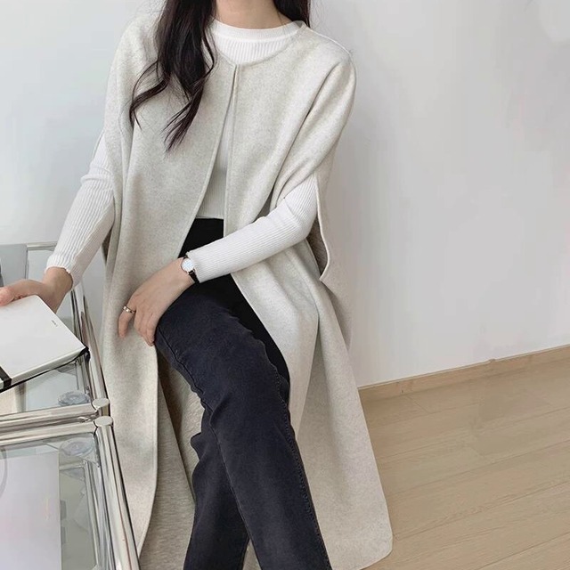 ミニマルデザインクリーンカットロングケープコート（３色）10780