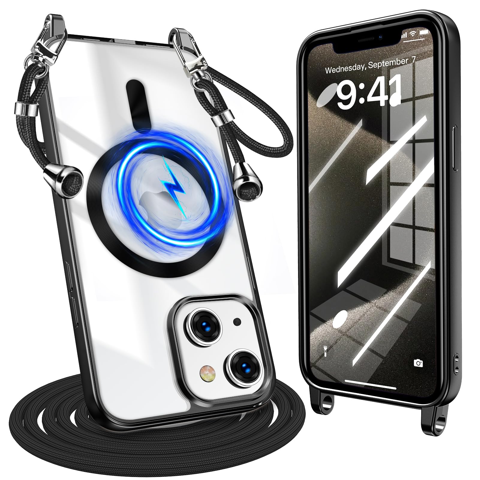 QOUNVYW 向け iPhone 15 用のケース クリア ショルダー 耐衝撃 Magnetic対応 ストラップホール付き ブラック