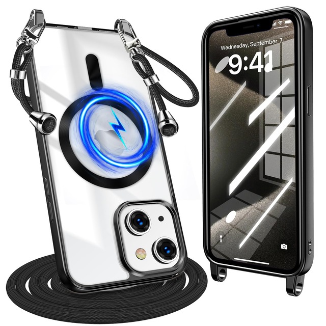 QOUNVYW 向け iPhone 15 用のケース クリア ショルダー 耐衝撃 Magnetic対応 ストラップホール付き ブラック