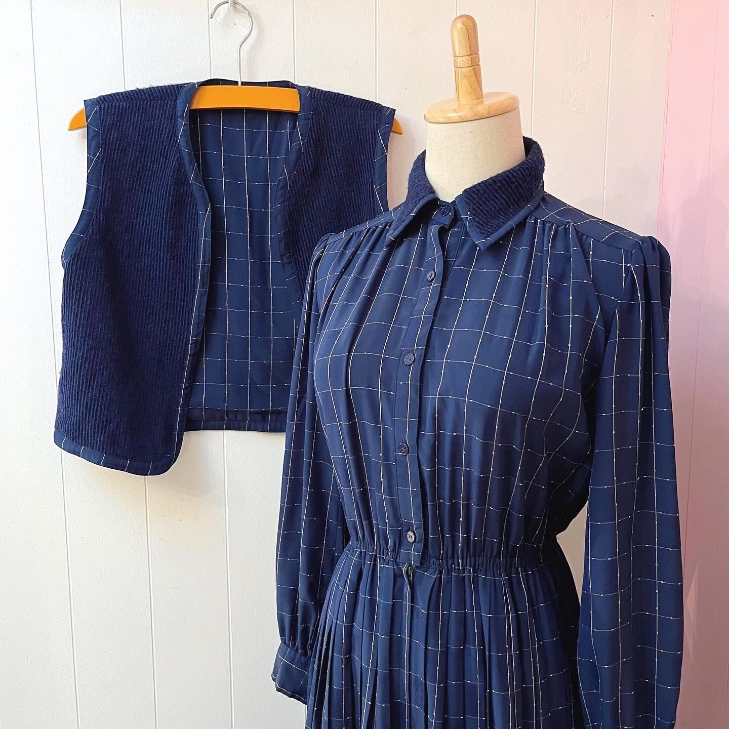 navy white check vest set one-piece