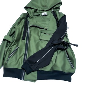 UNFINISHEDボンテージライダースパーカー　カーキ×ブラック2023020